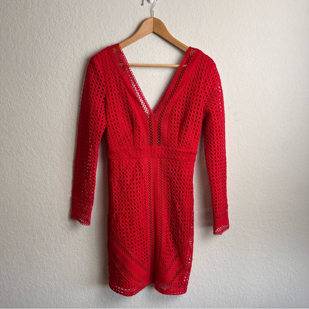 ASTR The Label Red Lace Bodycon Mini Dress Small S Long Sleeve Cutout Eyelet - Picture 3 of 11